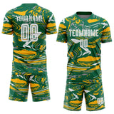 Custom Figure White Kelly Green-Gold Fluid Art Splash Sublimation Soccer Uniform Jersey