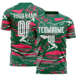 Custom Figure White Kelly Green-Neon Pink Fluid Art Splash Sublimation Soccer Uniform Jersey