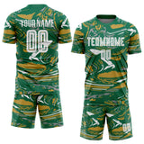 Custom Figure White Kelly Green-Old Gold Fluid Art Splash Sublimation Soccer Uniform Jersey
