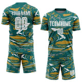 Custom Figure White Teal-Old Gold Fluid Art Splash Sublimation Soccer Uniform Jersey