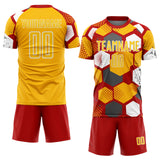 Custom Red Gold-White Geometric Shape Sublimation Soccer Uniform Jersey