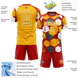 Custom Red Gold-White Geometric Shape Sublimation Soccer Uniform Jersey