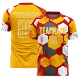 Custom Red Gold-White Geometric Shape Sublimation Soccer Uniform Jersey