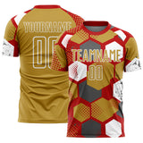 Custom Red Old Gold-White Geometric Shape Sublimation Soccer Uniform Jersey