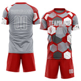 Custom Red Gray-White Geometric Shape Sublimation Soccer Uniform Jersey