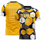 Custom Navy Gold-White Geometric Shape Sublimation Soccer Uniform Jersey