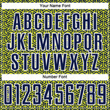 Custom Navy Neon Yellow-White Geometric Arrow Sublimation Soccer Uniform Jersey