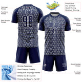 Custom Navy Gray-White Geometric Arrow Sublimation Soccer Uniform Jersey