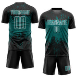 Custom Black Teal-White Abstract Splatter Grunge Art Sports Sublimation Soccer Uniform Jersey