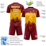 Custom Crimson Gold-White Abstract Splatter Grunge Art Sports Sublimation Soccer Uniform Jersey