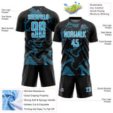 Custom Black Sky Blue-White Curve Lines Sports Sublimation Soccer Uniform Jersey