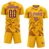 Custom Gold Crimson-White Curve Lines Sports Sublimation Soccer Uniform Jersey