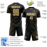 Custom Black Old Gold-White Lines Sports Sublimation Soccer Uniform Jersey