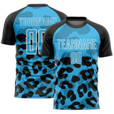 Custom Black Sky Blue-White Animal Leopard Print Sports Sublimation Soccer Uniform Jersey