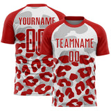 Custom Red White Animal Leopard Print Sports Sublimation Soccer Uniform Jersey