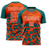 Custom Teal Orange-White Animal Leopard Print Sports Sublimation Soccer Uniform Jersey