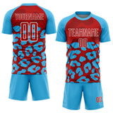 Custom Sky Blue Red-White Animal Leopard Print Sports Sublimation Soccer Uniform Jersey