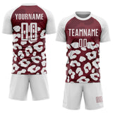 Custom White Burgundy Animal Leopard Print Sports Sublimation Soccer Uniform Jersey