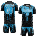 Custom Black Sky Blue-White Dripping Splatte Pattern Sports Sublimation Soccer Uniform Jersey