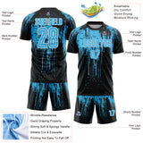 Custom Black Sky Blue-White Dripping Splatte Pattern Sports Sublimation Soccer Uniform Jersey