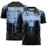 Custom Black Light Blue-White Dripping Splatte Pattern Sports Sublimation Soccer Uniform Jersey