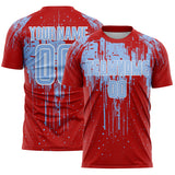 Custom Red Light Blue-White Dripping Splatte Pattern Sports Sublimation Soccer Uniform Jersey