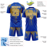 Custom Thunder Blue Old Gold-White Dripping Splatte Pattern Sports Sublimation Soccer Uniform Jersey