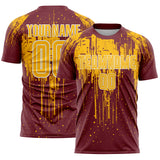 Custom Burgundy Gold-White Dripping Splatte Pattern Sports Sublimation Soccer Uniform Jersey