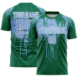 Custom Kelly Green Light Blue-White Dripping Splatte Pattern Sports Sublimation Soccer Uniform Jersey