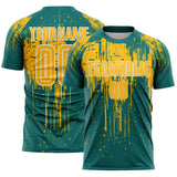 Custom Teal Gold-White Dripping Splatte Pattern Sports Sublimation Soccer Uniform Jersey