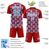 Custom Red Light Blue-White Geometric Shapes Sports Sublimation Soccer Uniform Jersey
