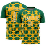 Custom Kelly Green Gold-White Geometric Shapes Sports Sublimation Soccer Uniform Jersey