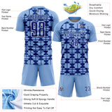 Custom Light Blue Royal-White Geometric Shapes Sports Sublimation Soccer Uniform Jersey