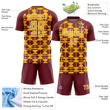 Custom Burgundy Gold-White Geometric Shapes Sports Sublimation Soccer Uniform Jersey