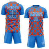 Custom Powder Blue Orange-White Geometric Shapes Sports Sublimation Soccer Uniform Jersey