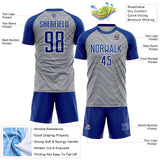 Custom Gray Royal-White Wavy Lines Sports Sublimation Soccer Uniform Jersey