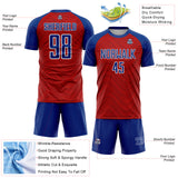 Custom Red Royal-White Wavy Lines Sports Sublimation Soccer Uniform Jersey