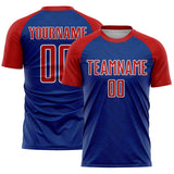 Custom Royal Red-White Wavy Lines Sports Sublimation Soccer Uniform Jersey