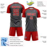 Custom Steel Gray Red-White Wavy Lines Sports Sublimation Soccer Uniform Jersey