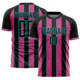Custom Black Pink-Aqua Pinstripe Line Sports Sublimation Soccer Uniform Jersey