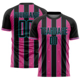 Custom Black Pink-Teal Pinstripe Line Sports Sublimation Soccer Uniform Jersey