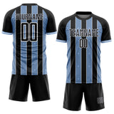 Custom Black Light Blue-White Pinstripe Line Sports Sublimation Soccer Uniform Jersey