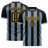 Custom Black Light Blue-Yellow Pinstripe Line Sports Sublimation Soccer Uniform Jersey