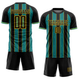 Custom Black Teal-Yellow Pinstripe Line Sports Sublimation Soccer Uniform Jersey