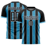 Custom Black Sky Blue-White Pinstripe Line Sports Sublimation Soccer Uniform Jersey