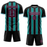 Custom Black Aqua-Pink Pinstripe Line Sports Sublimation Soccer Uniform Jersey