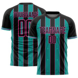 Custom Black Aqua-Pink Pinstripe Line Sports Sublimation Soccer Uniform Jersey