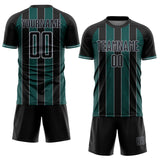 Custom Black Midnight Green-Gray Pinstripe Line Sports Sublimation Soccer Uniform Jersey