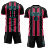 Custom Black Neon Pink-Aqua Pinstripe Line Sports Sublimation Soccer Uniform Jersey