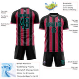 Custom Black Neon Pink-Aqua Pinstripe Line Sports Sublimation Soccer Uniform Jersey